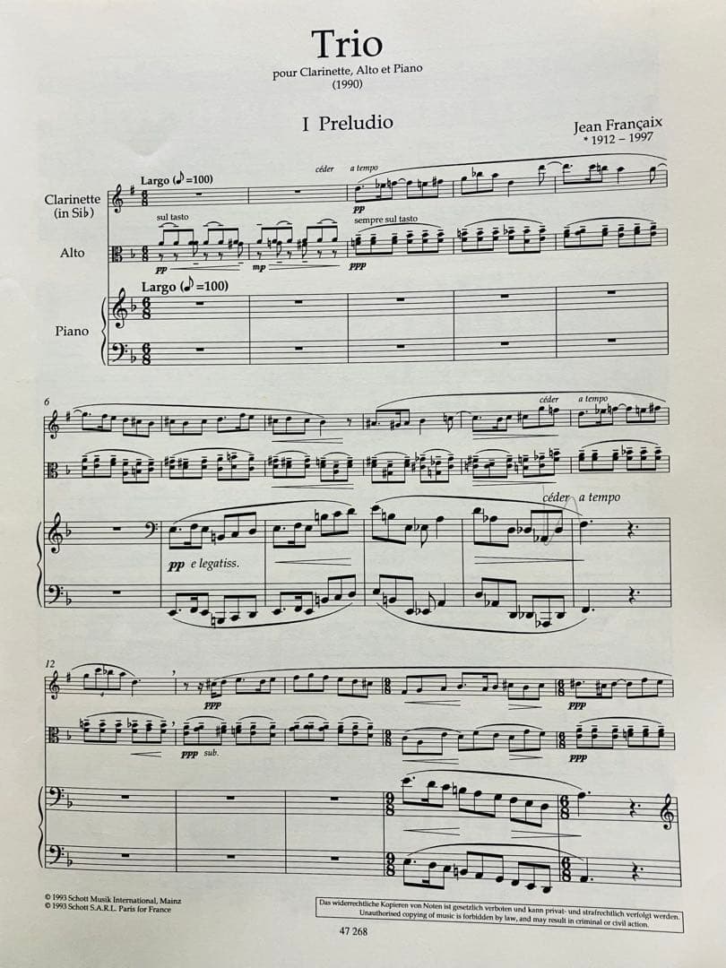 J.フランセ 三重奏曲：クラリネット、ヴィオラ、ピアノのための Francaix