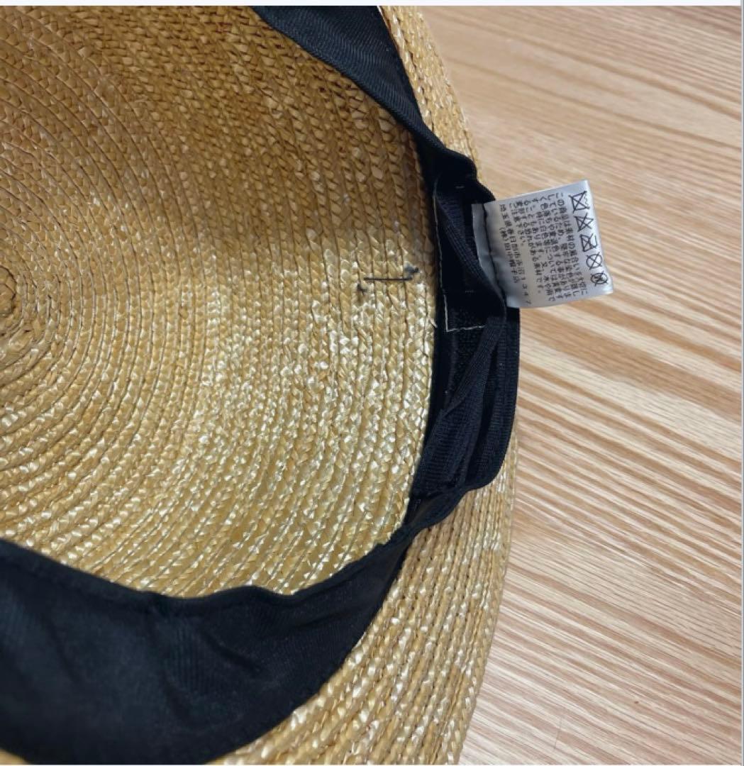 田中帽子店ベージュ ストローボートハット 黒リボン付き
