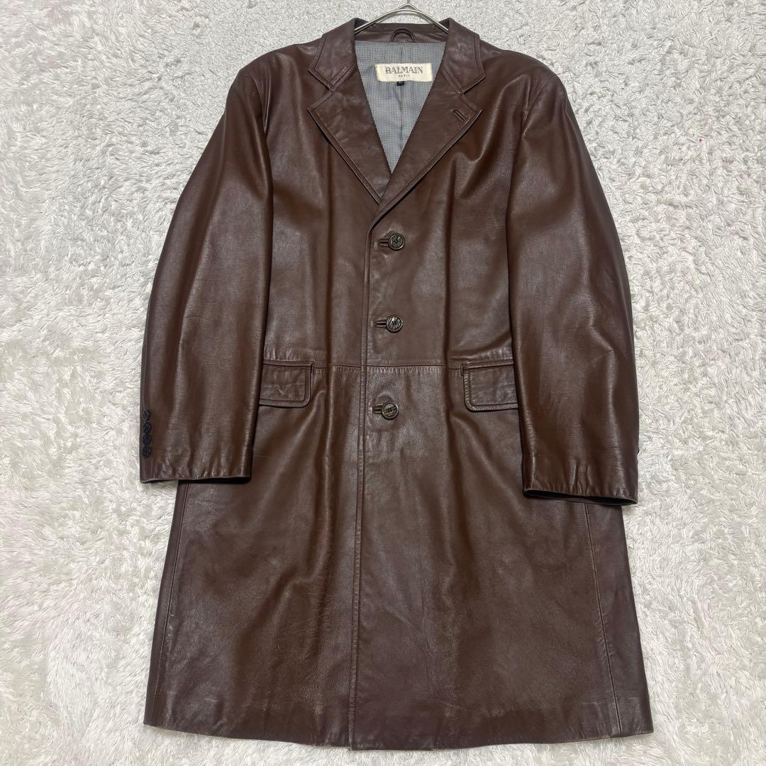 バルマン BALMAIN PARIS ロングレザーチェスターコート 羊革　L