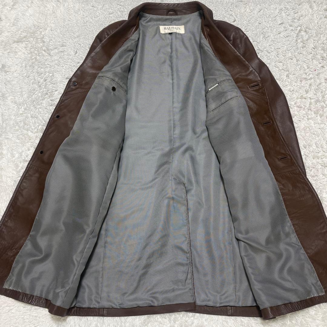 バルマン BALMAIN PARIS ロングレザーチェスターコート 羊革　L