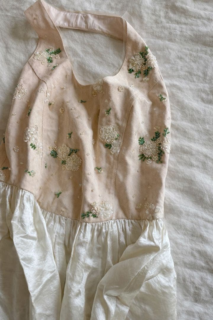 ビーズ刺繍 ホルターネック ロングワンピース コットン×アセテート Mサイズ