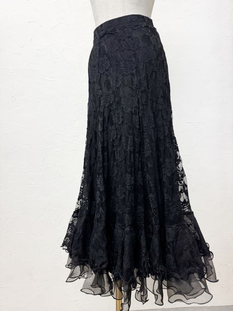 【薔薇レース】新品 社交ダンス用 黒ロングフレアスカートb240
