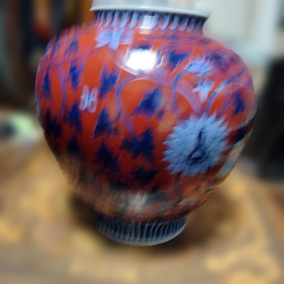 香蘭社製赤青花柄陶器花瓶箱付き