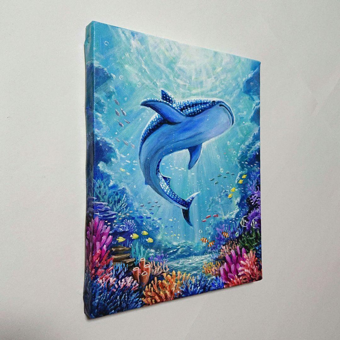 【ジンベエザメ】アクリル画 F3 風景画 絵画 海の絵