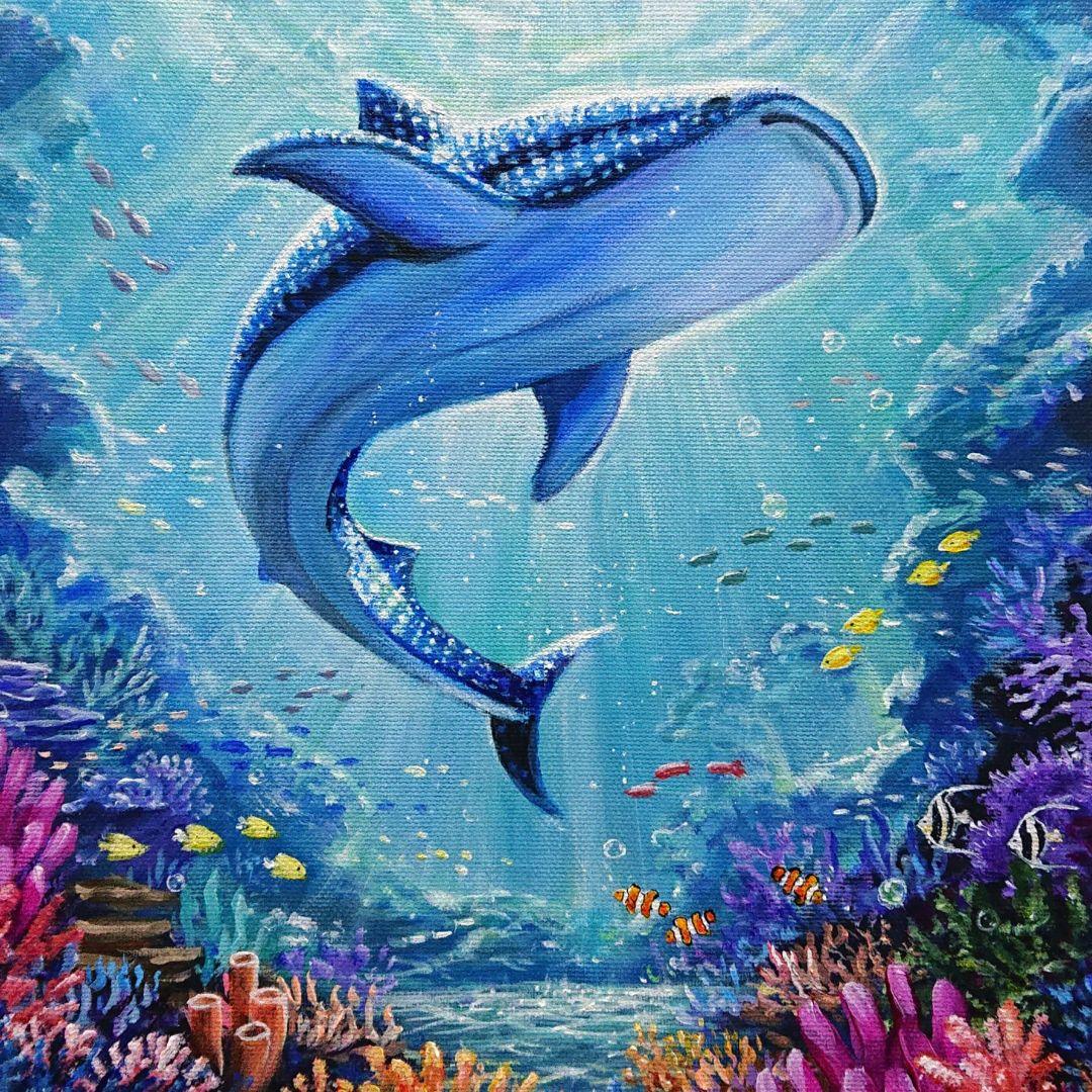 【ジンベエザメ】アクリル画 F3 風景画 絵画 海の絵
