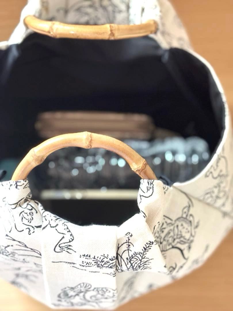 和装バック　着物バック和柄コットン生地・鳥獣戯画（アイボリー）入学卒業結婚式振袖