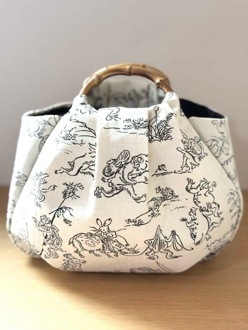 和装バック　着物バック和柄コットン生地・鳥獣戯画（アイボリー）入学卒業結婚式振袖
