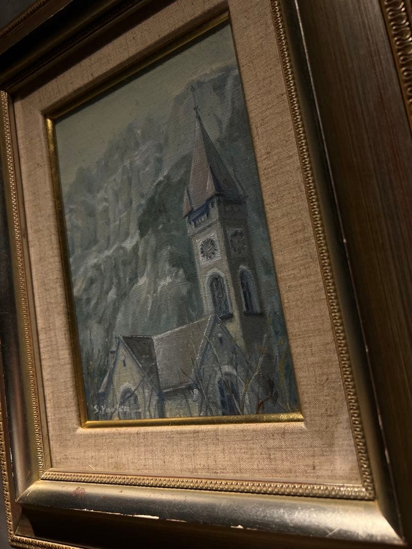 他の方発送×矢岡勲　『尖塔のある風景』　肉筆油彩画　直筆サインあり