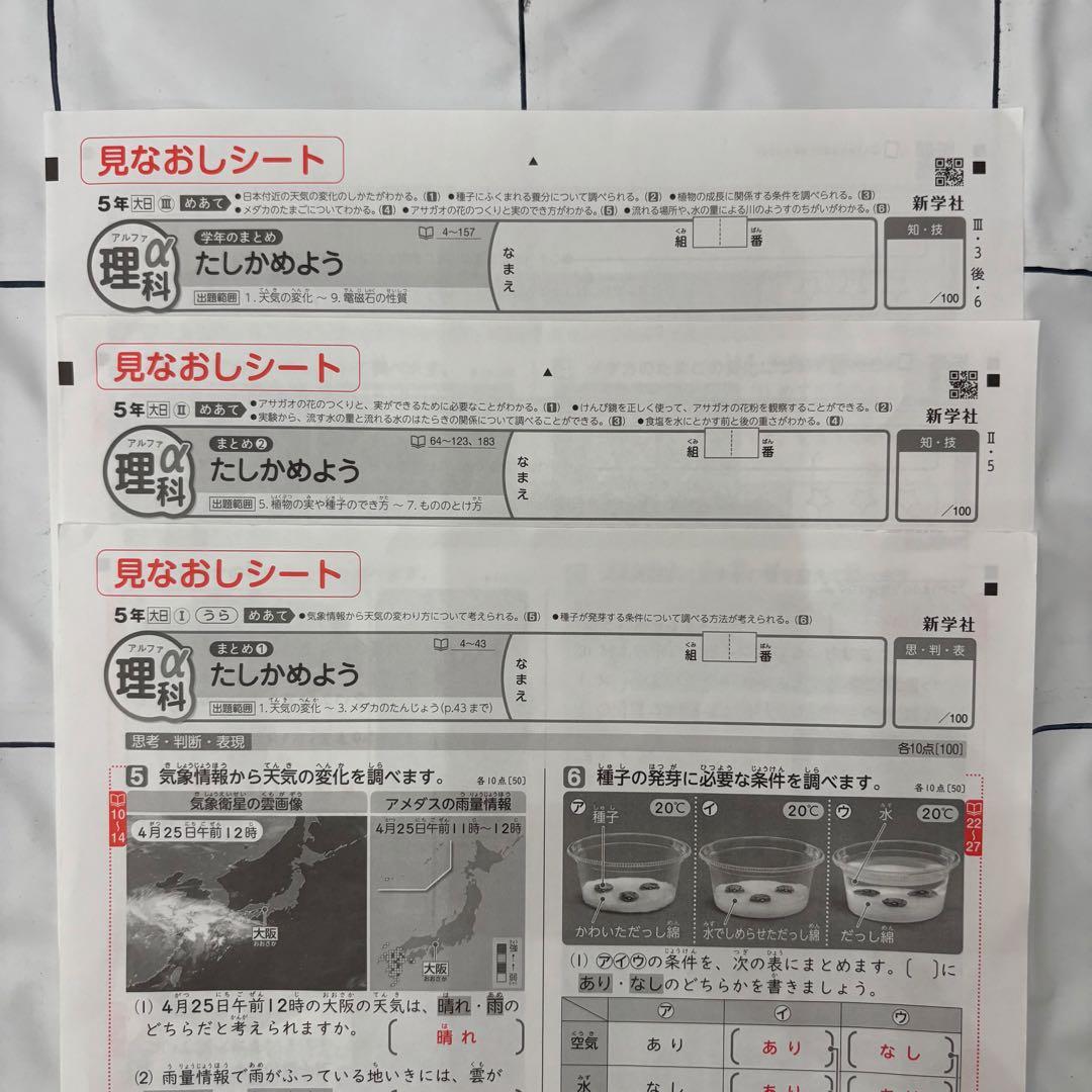 【最新版】カラーテスト　見なおしシート　理科　5年　大日本図書　新学社　アルファ