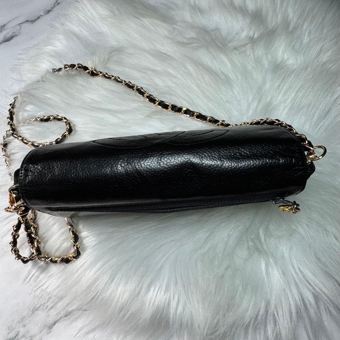 CHANEL シャネル　キャビアスキン　レザー　ブラック　チェーンウォレット