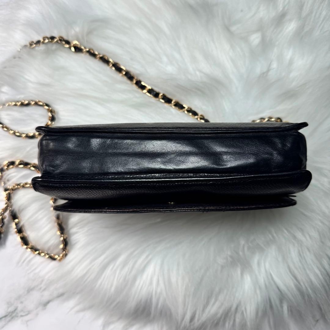 CHANEL シャネル　キャビアスキン　レザー　ブラック　チェーンウォレット