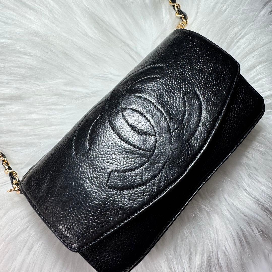 CHANEL シャネル　キャビアスキン　レザー　ブラック　チェーンウォレット