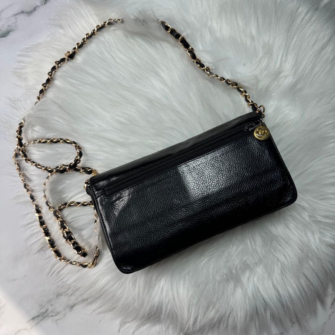 CHANEL シャネル　キャビアスキン　レザー　ブラック　チェーンウォレット