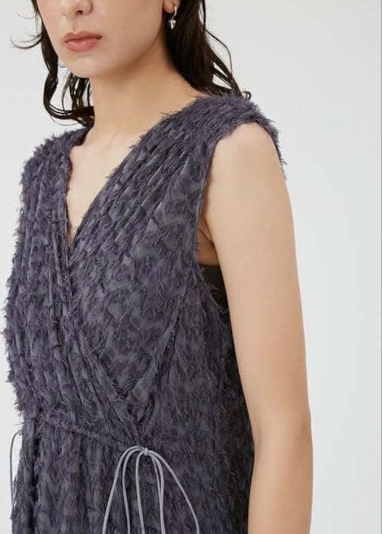 【美品】FRAY I.D フリンジジャガードカシュクールワンピース GRY