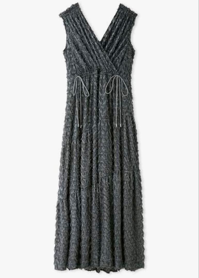 【美品】FRAY I.D フリンジジャガードカシュクールワンピース GRY