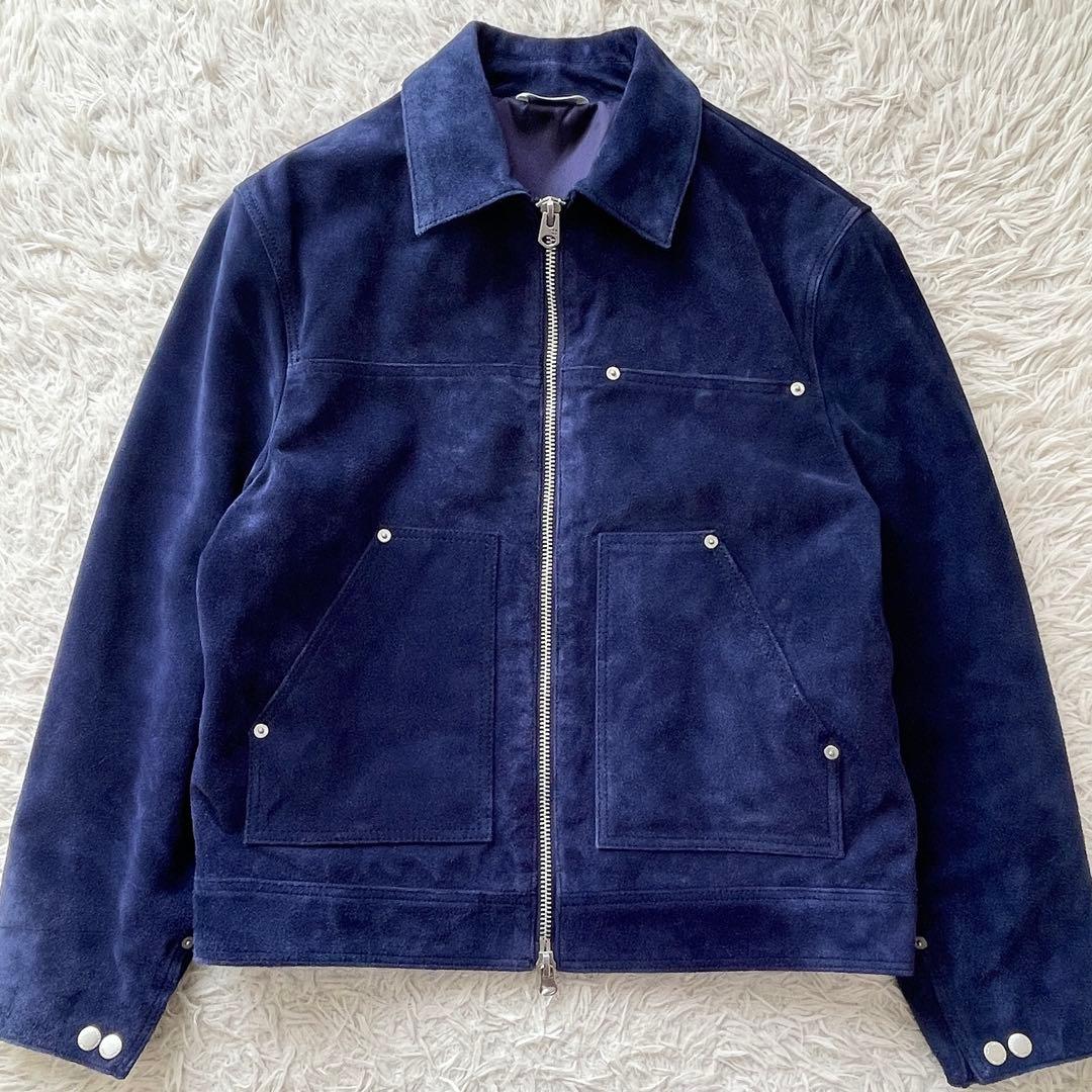 希少 美品 ZARA 本革 スプリットスエードレザージャケット ネイビーブルー