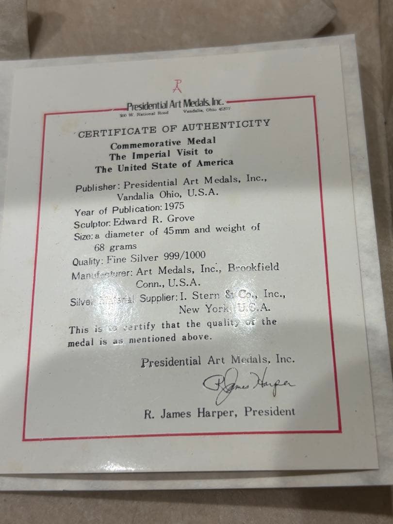 y*様 1975年 天皇皇后 御訪米記念メダル 純銀999 68g ケース 保証