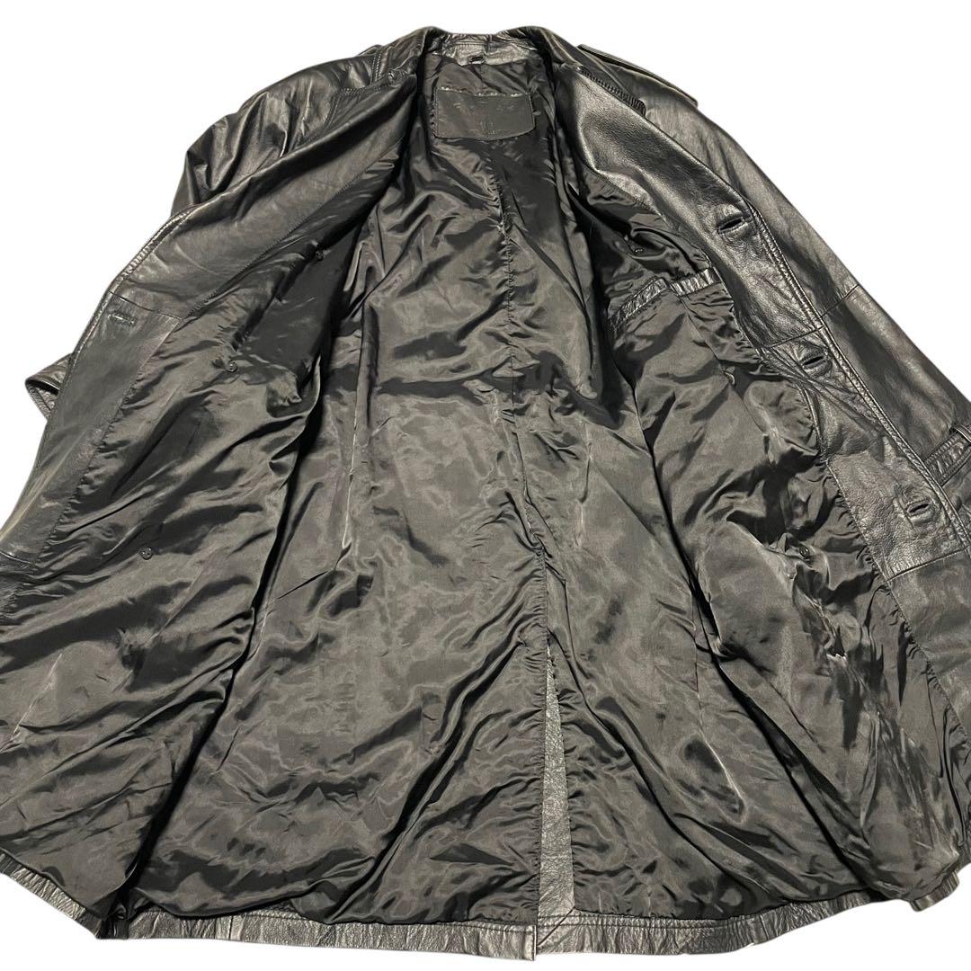 【vintage】牛革 カウレザーマキシ丈ダブルチェスターコート ベルト 黒 L