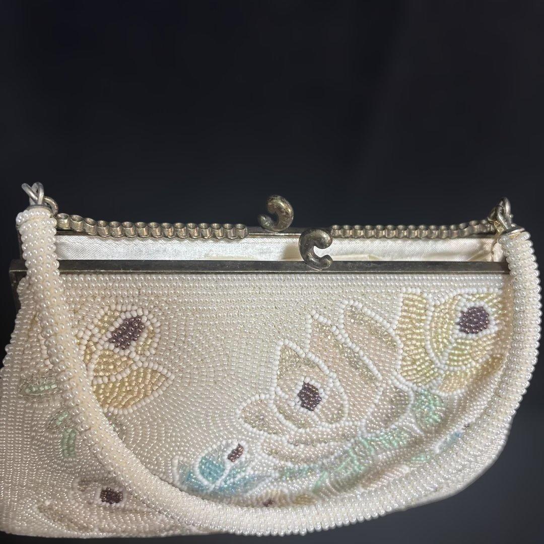 フラワー刺繍 和装バック がま口 ビーズバッグ 未使用 廃盤 ビンテージ札付き