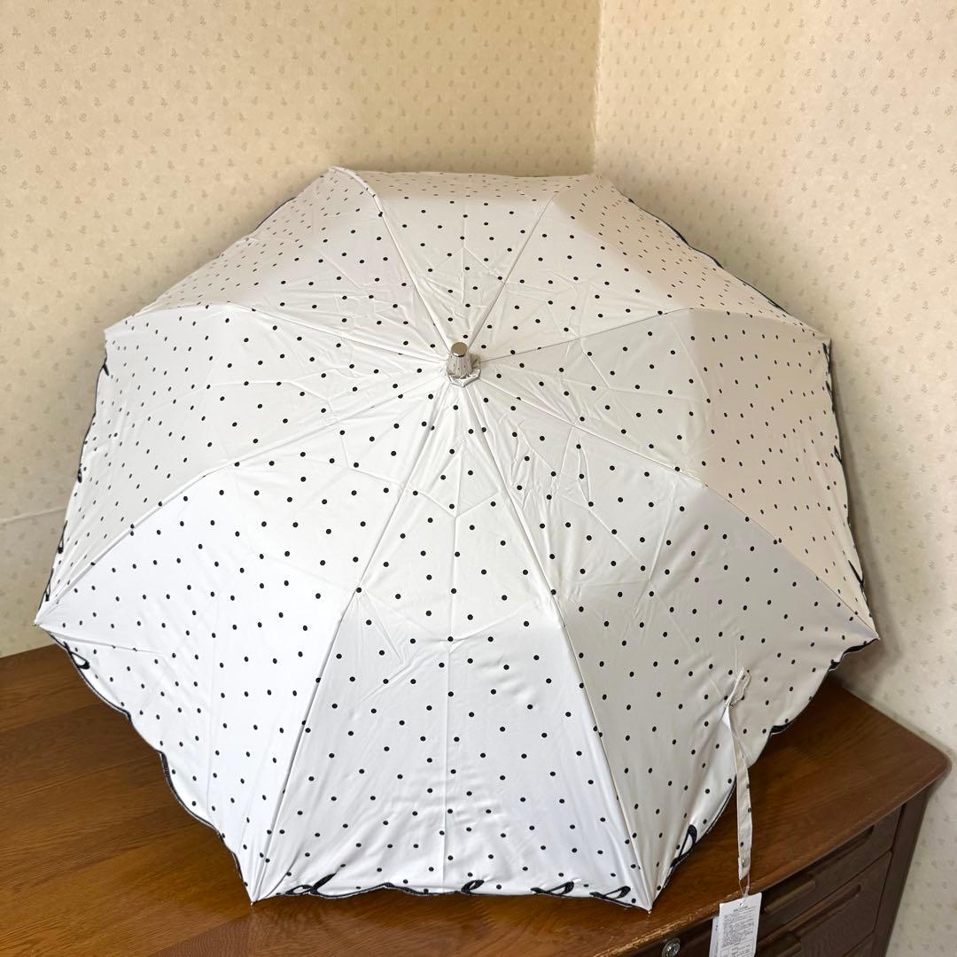 ★新品★サンドレス　晴雨兼用　日傘　楽折　ジャンプ式　1級遮光　遮熱　ドット　白
