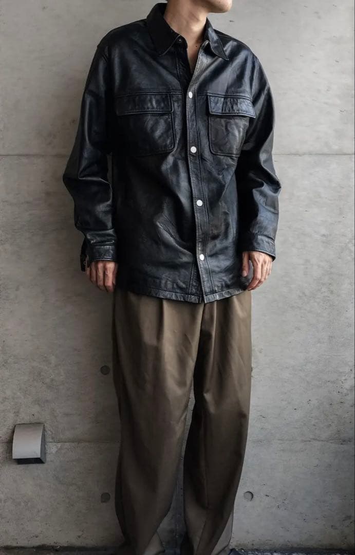 ヴィンテージ レザー シャツ ジャケット ブラック M〜L相当