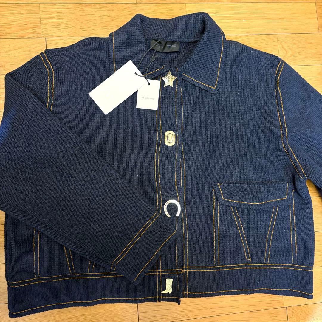 【ZARA】ザラ L コントラストボタン付きニットジャケット ゴールドボタン