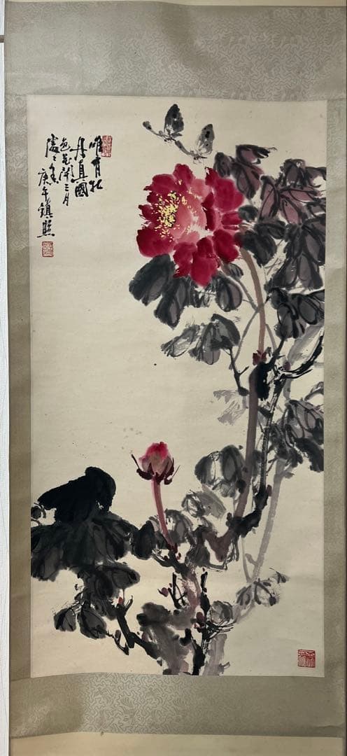 掛け軸　中国美術 張鎮照［牡丹に蝶の図］紙本　箱付き！