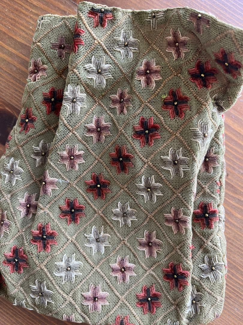 アンティーク 刺繍入り ミニバッグ グリーン×赤 英国