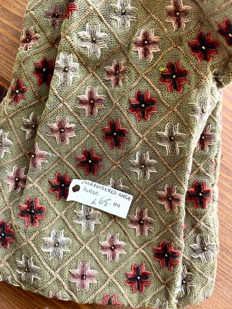 アンティーク 刺繍入り ミニバッグ グリーン×赤 英国