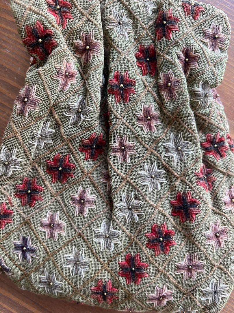 アンティーク 刺繍入り ミニバッグ グリーン×赤 英国