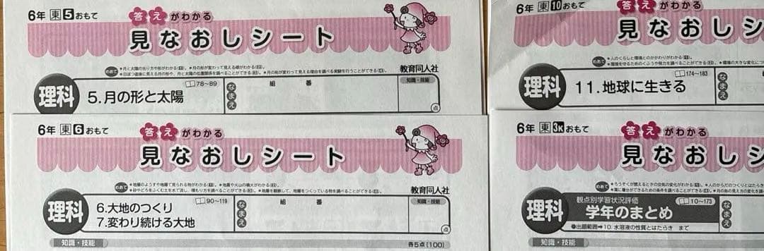 ⑥小学6年生 理科テストの見なおしシート 13枚