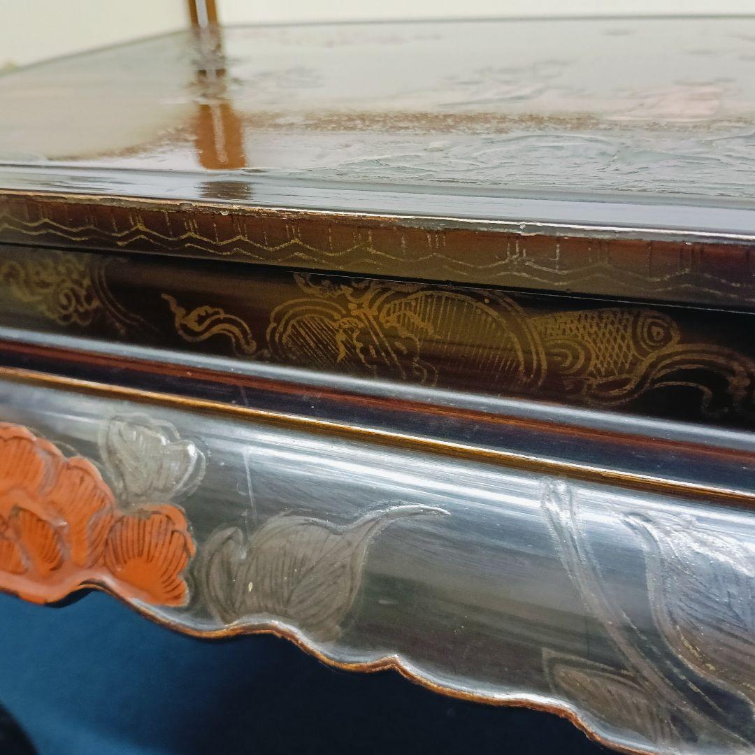金燕AN18 時代物 木製漆 平卓 漆絵巻 螺鈿 花台 香炉台 盆栽台 高