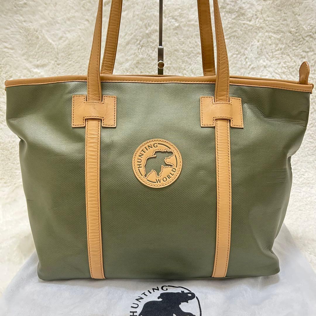 【極美品】ハンティングワールド A4 トートバッグ グリーン ロゴ