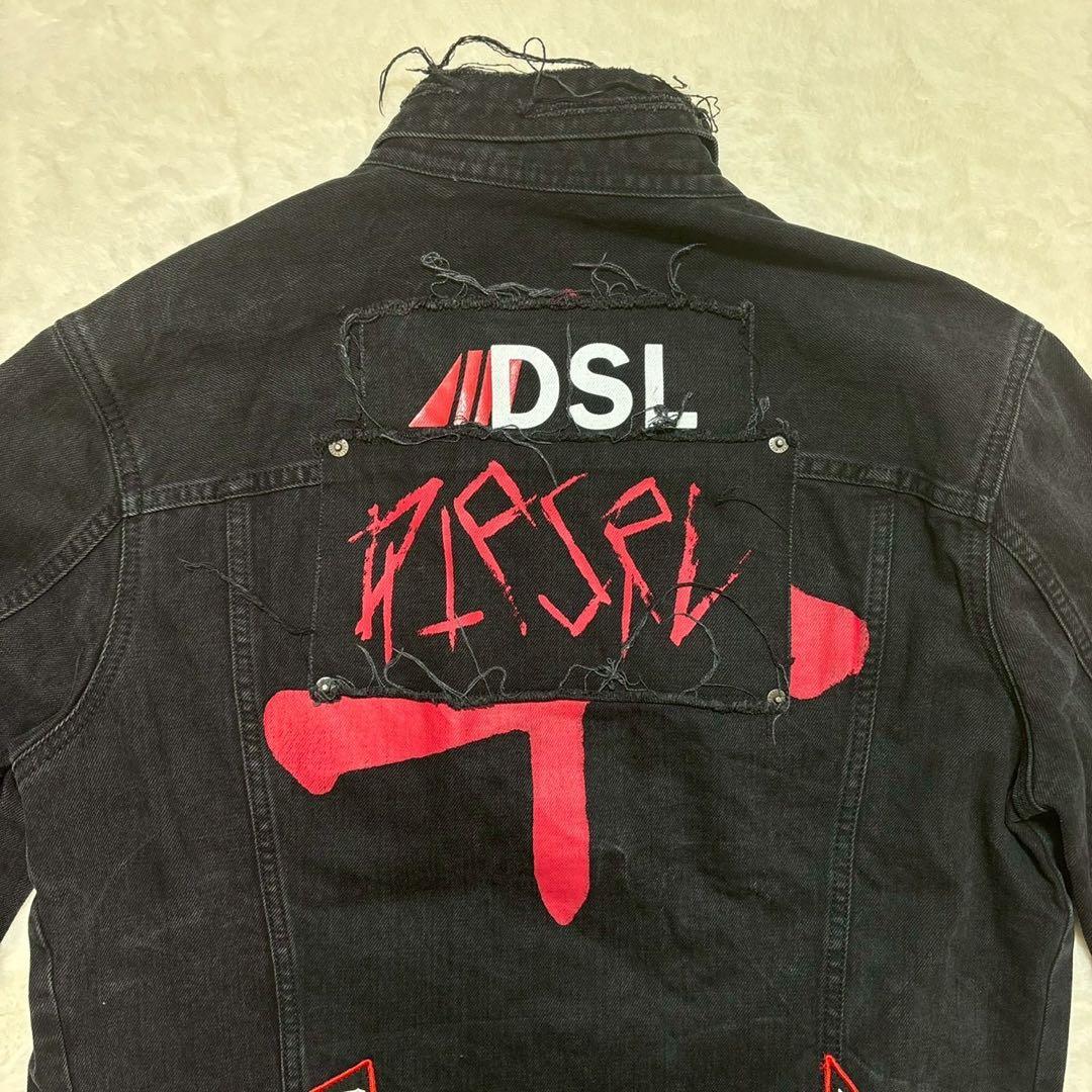 DIESEL ブラックデニムジャケット　ダメージ　ワッペン　黒　 M