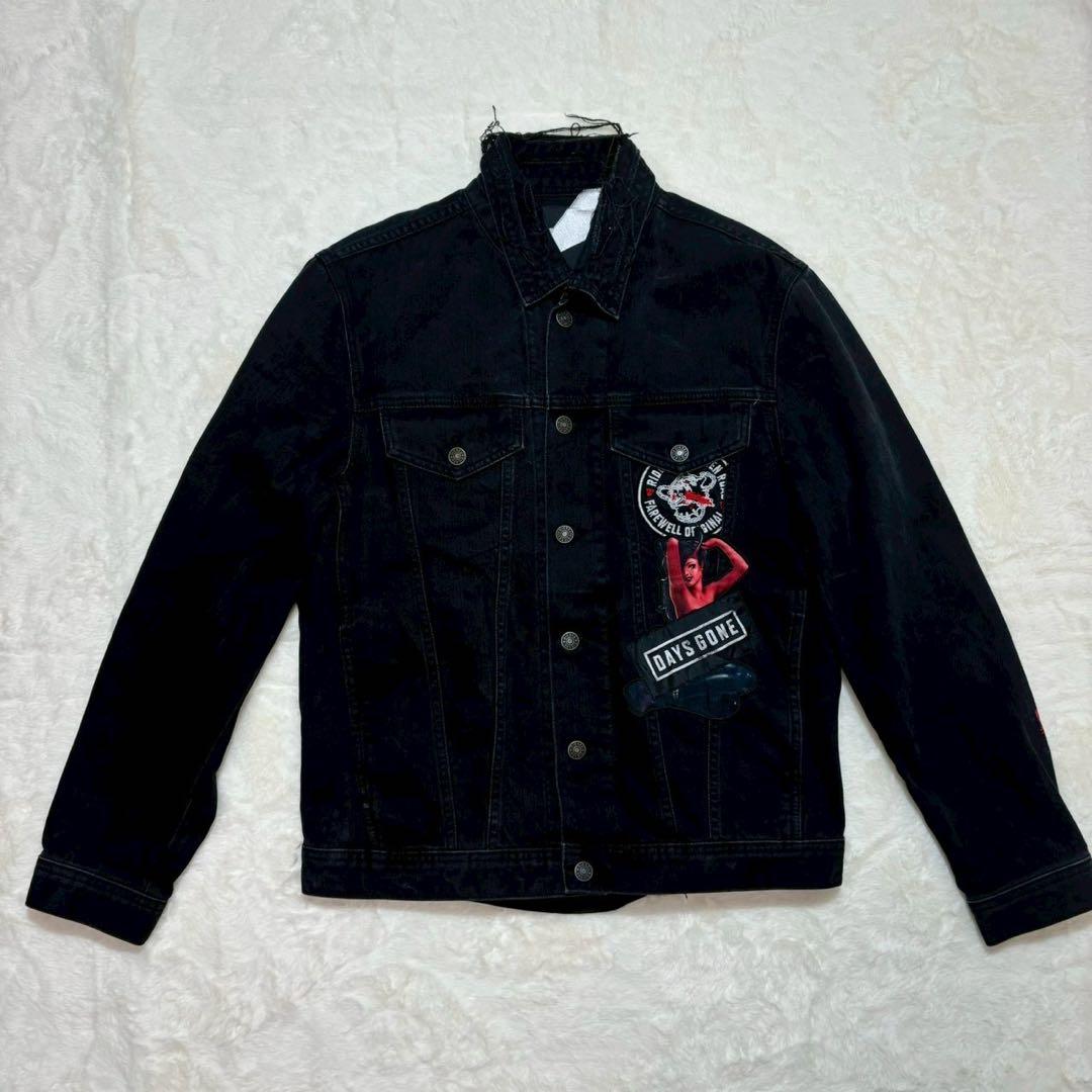 DIESEL ブラックデニムジャケット　ダメージ　ワッペン　黒　 M
