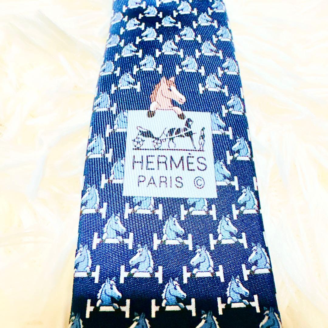 【極美品】HERMES エルメス ネクタイ 馬 ホース 蹄鉄 ネイビー シルク