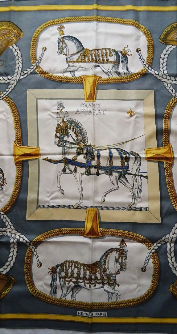 【シミ有】エルメス大判スカーフ約88cm シルク 馬柄 GRANDAPPARAT