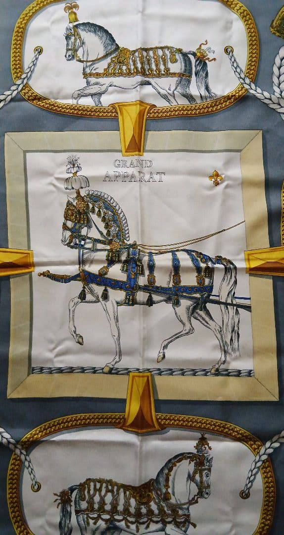 【シミ有】エルメス大判スカーフ約88cm シルク 馬柄 GRANDAPPARAT