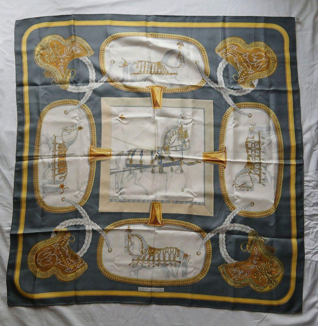 【シミ有】エルメス大判スカーフ約88cm シルク 馬柄 GRANDAPPARAT