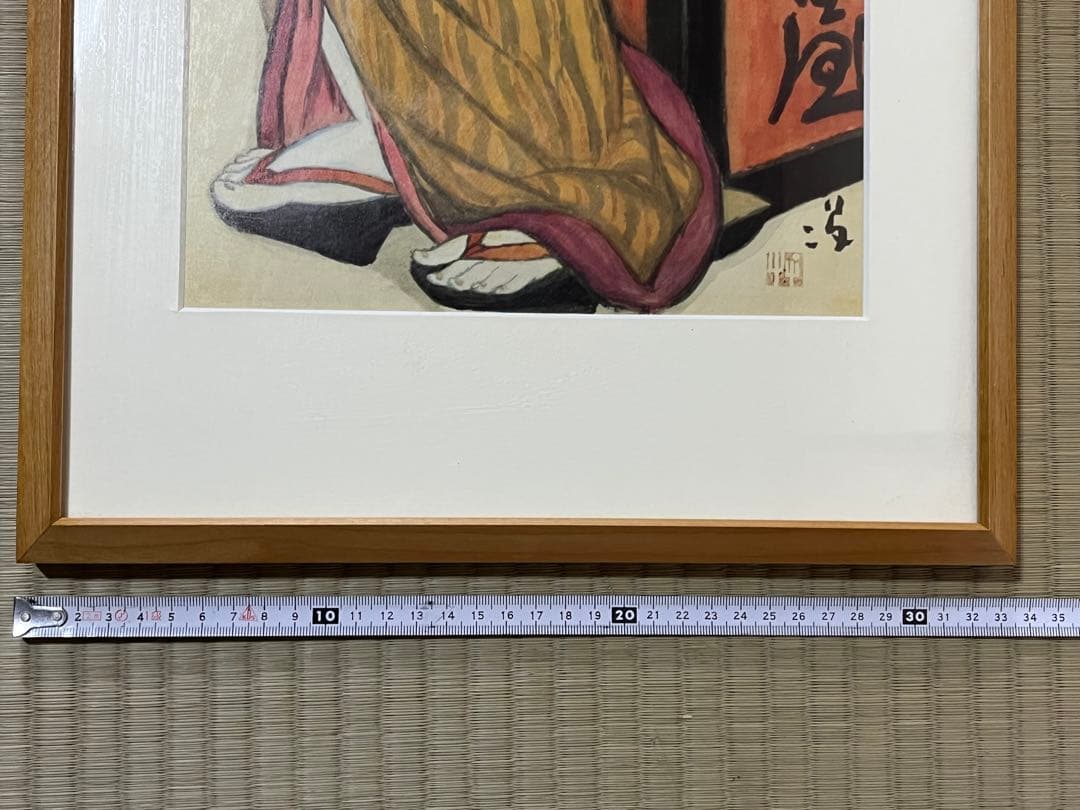 竹久夢二　黒猫を抱く女性 日本画 木製フレーム付き