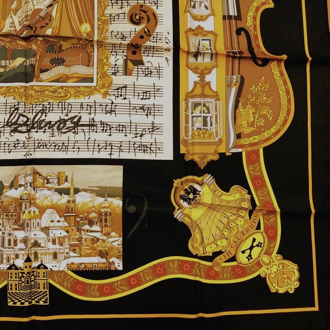 HERMES エルメス スカーフ カレ90 大判 黒 黄 ゴールド 音符