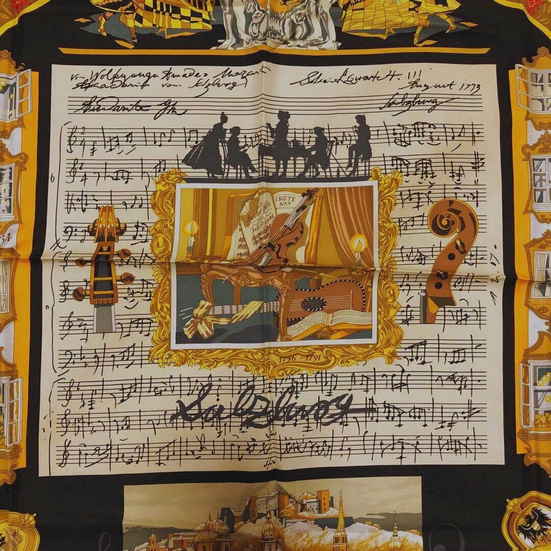HERMES エルメス スカーフ カレ90 大判 黒 黄 ゴールド 音符