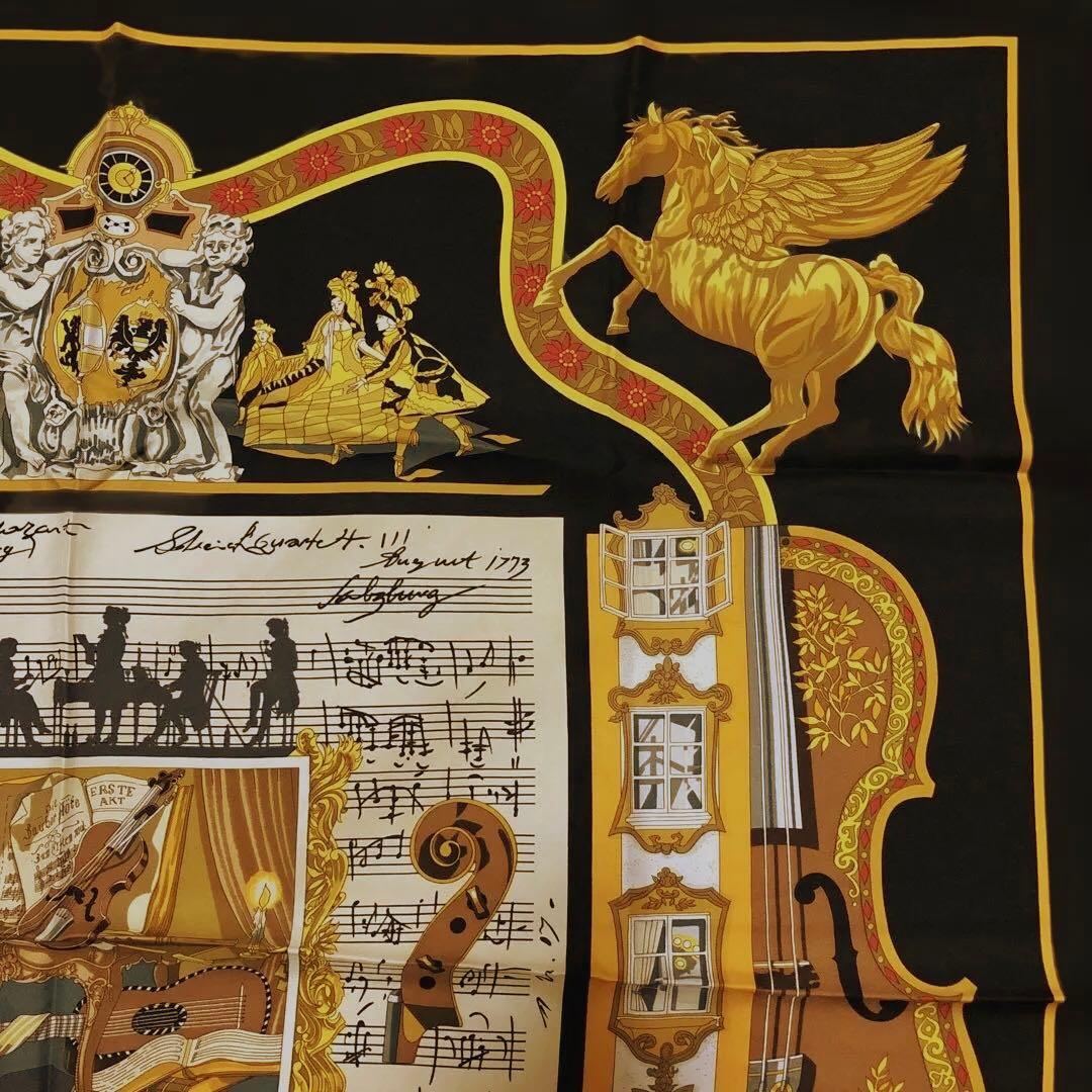 HERMES エルメス スカーフ カレ90 大判 黒 黄 ゴールド 音符
