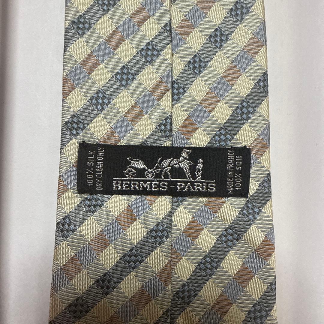 美品　エルメス　ネクタイ　黄色・茶色　チェック柄　シルクジャガード