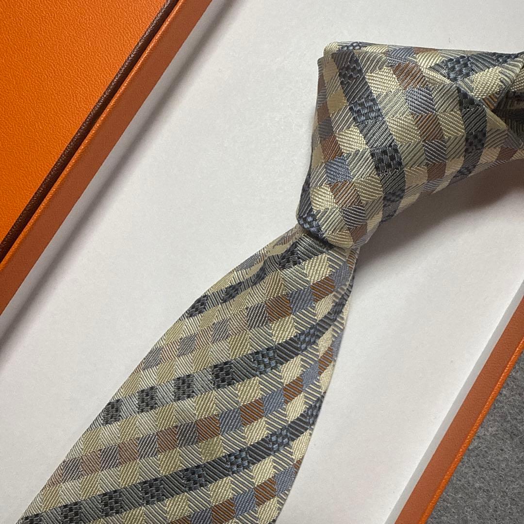 美品　エルメス　ネクタイ　黄色・茶色　チェック柄　シルクジャガード