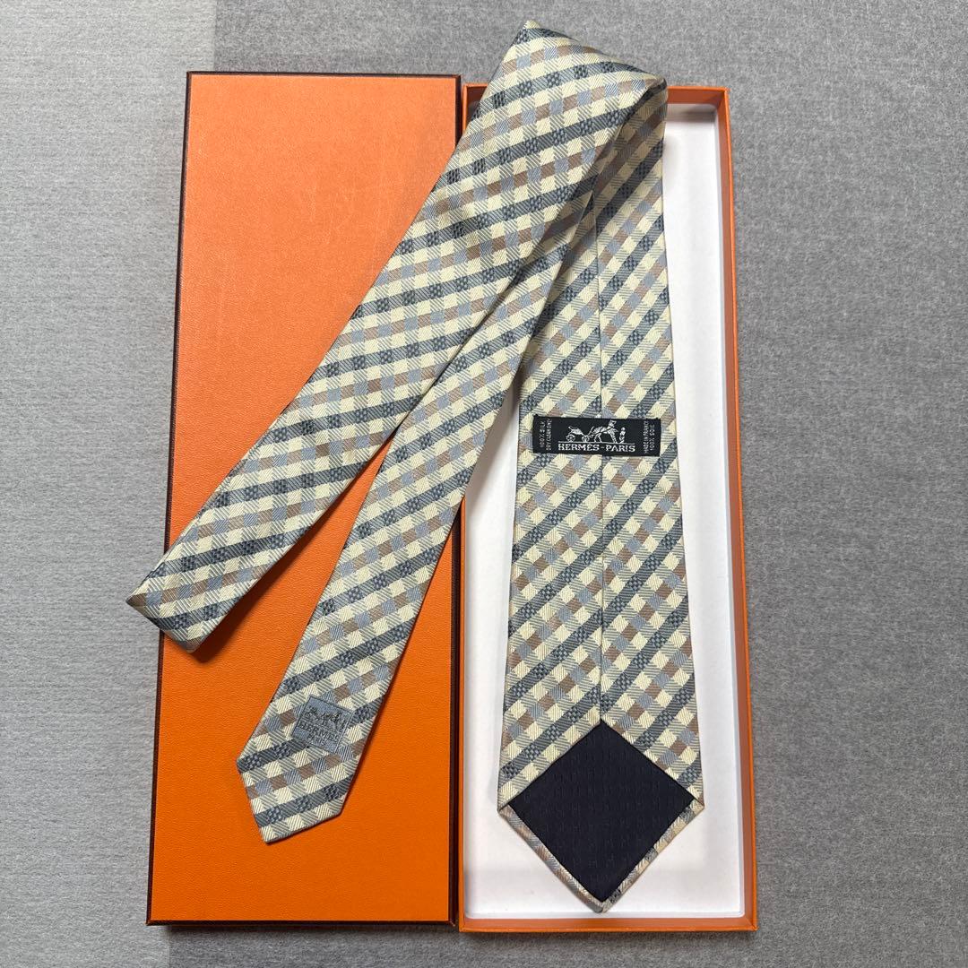 美品　エルメス　ネクタイ　黄色・茶色　チェック柄　シルクジャガード