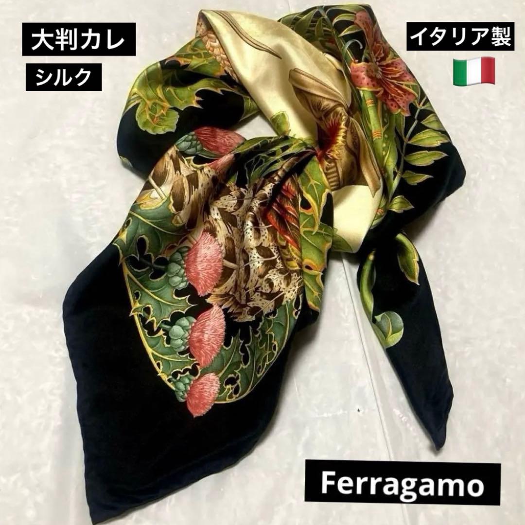 Ferragamoフェラガモスカーフ★美品.大判カレ.イタリア製.鳥 花 シルク