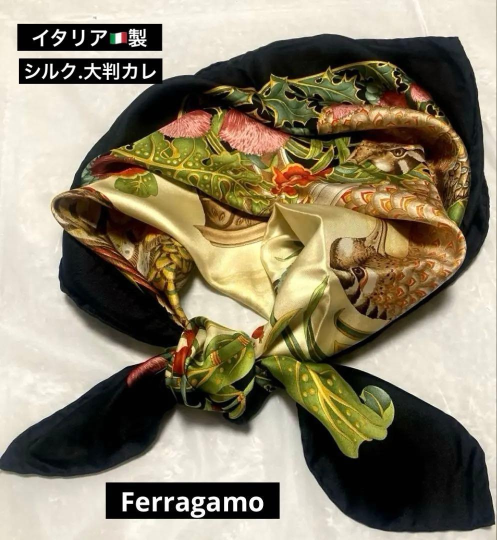 Ferragamoフェラガモスカーフ★美品.大判カレ.イタリア製.鳥 花 シルク