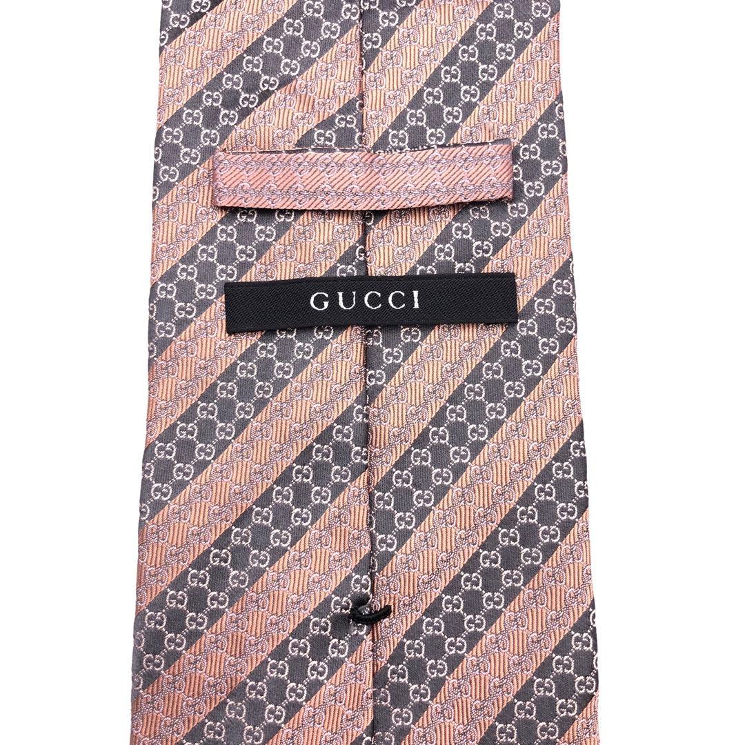 【極美品】GUCCI グッチ GG柄 総柄 斜めストライプ ピンク系 ネクタイ