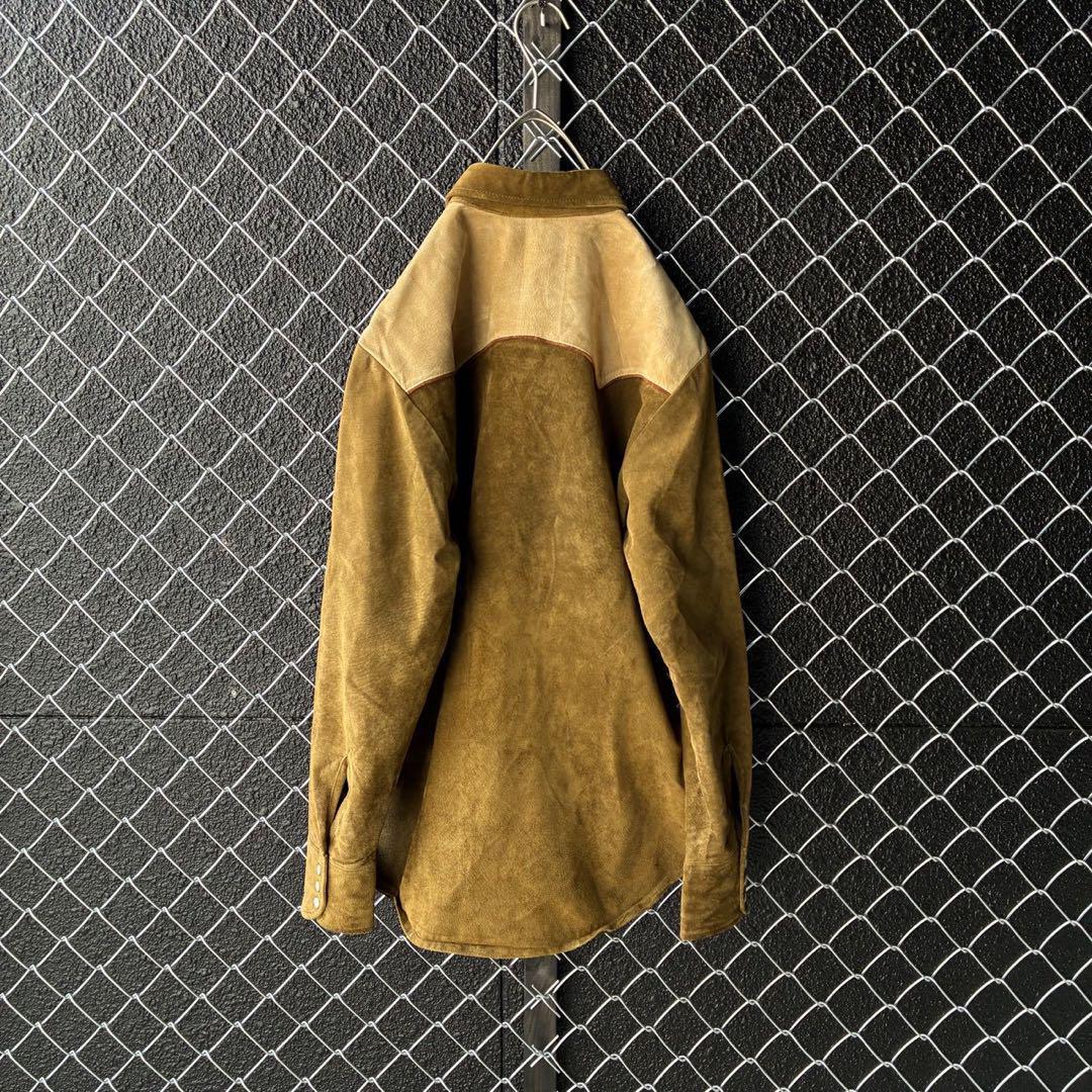 切替⭐︎レザーシャツ ジャケット 豚革 ボタン留め バイカラー 38 M〜L